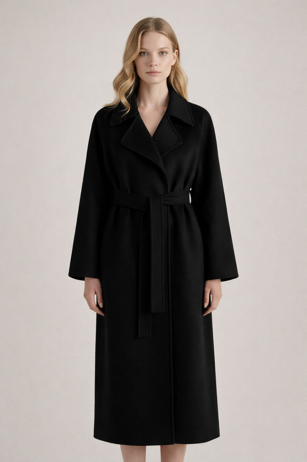 Belted Lapel Long Sleeve Wrap Coat