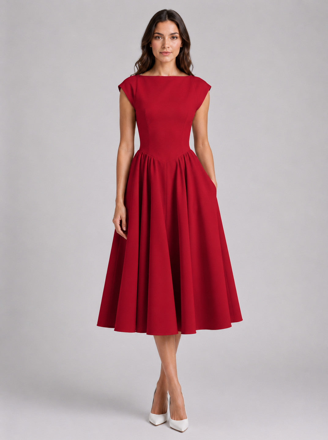Boat Neck Pleated Midi Dress