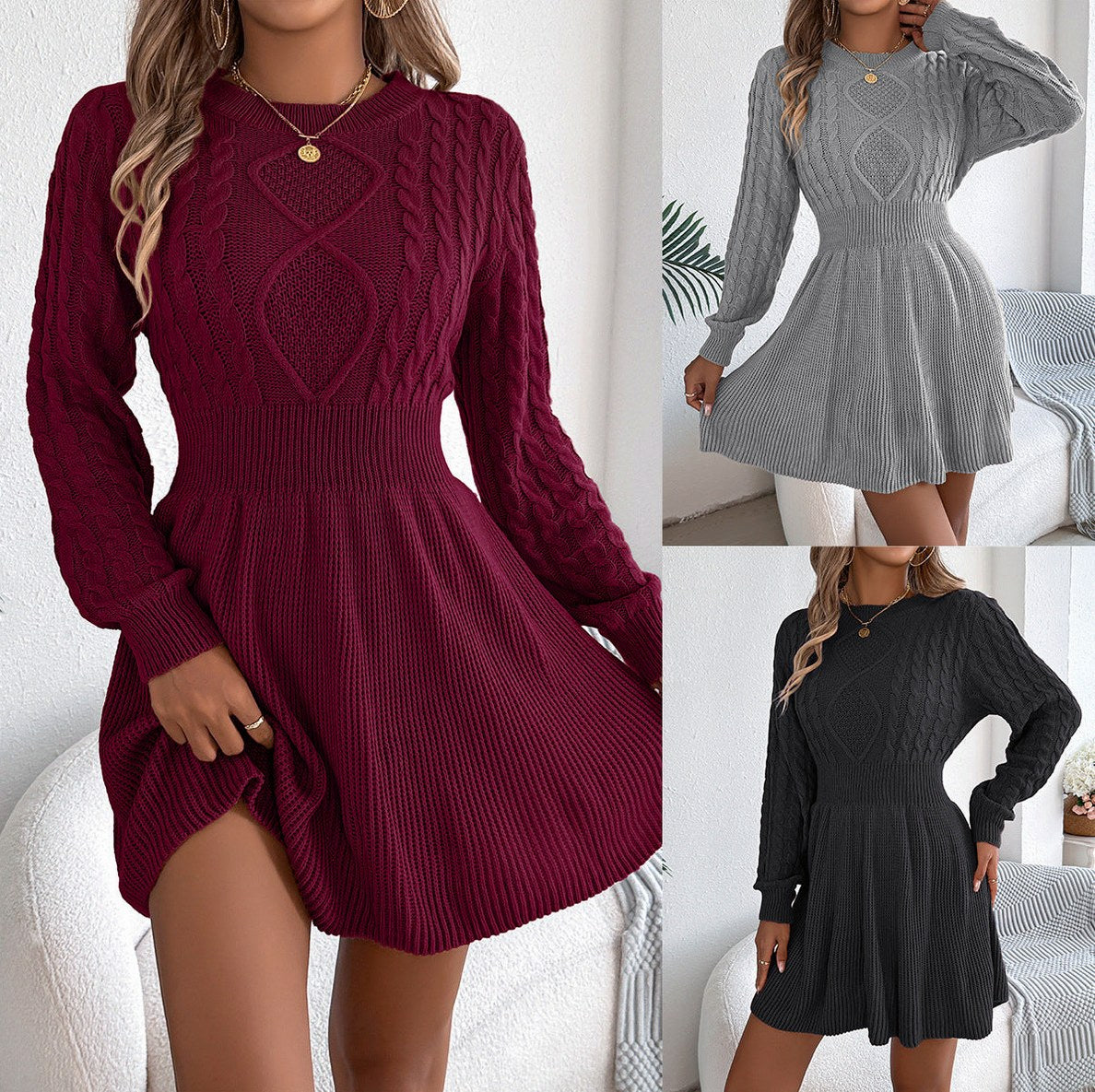Cable Knit A-Line Sweater Dress