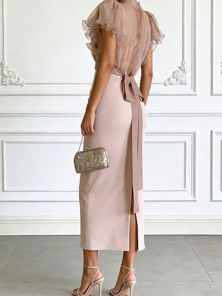 High Neck Flutter Sleeve Midi Dress