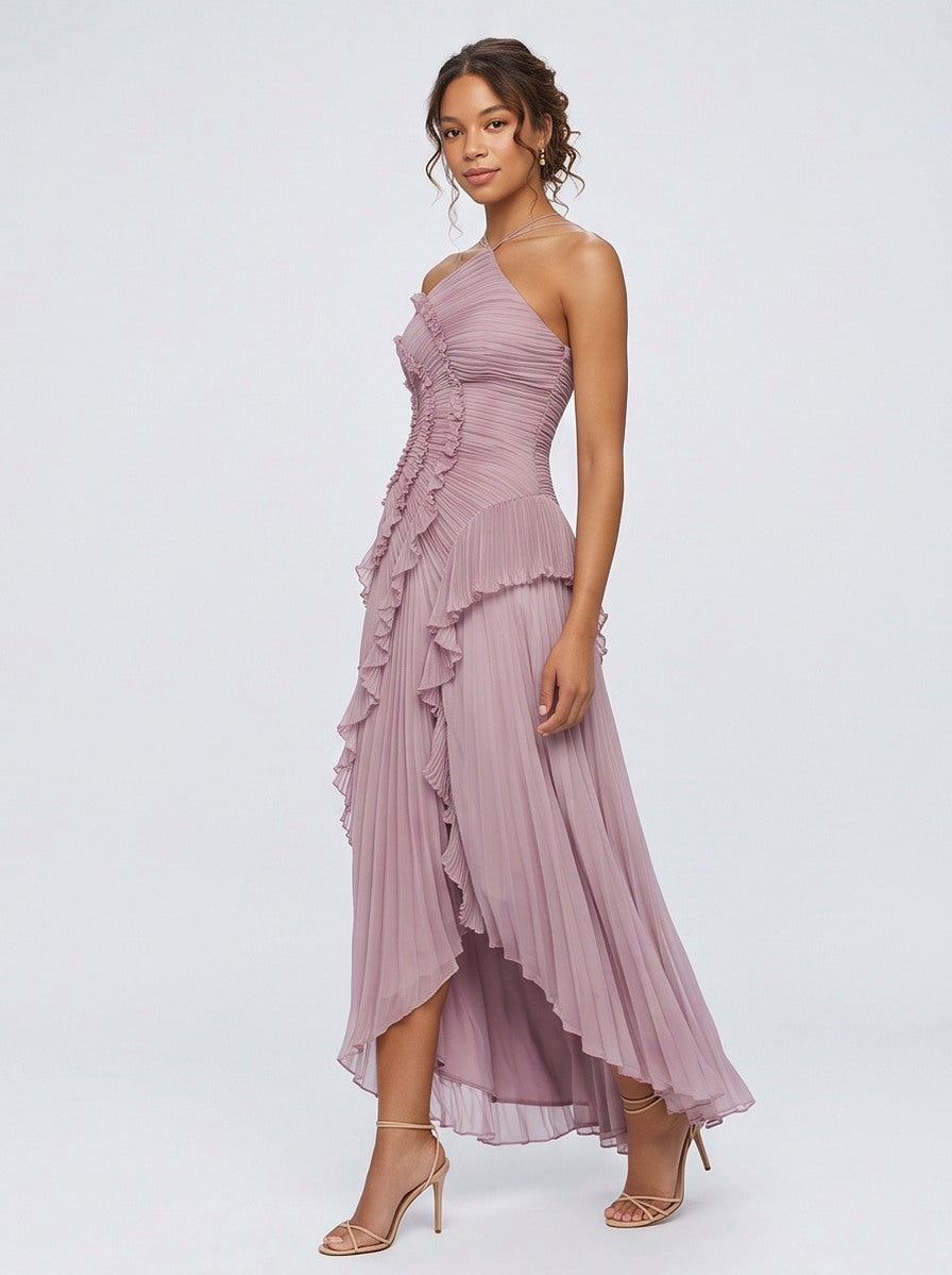 Chiffon Halter Pleated Maxi Dress