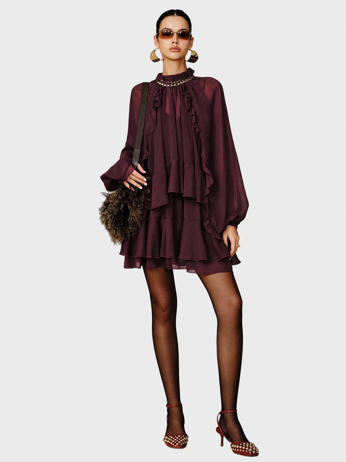 Chiffon Tiered Long Sleeve Mini Dress