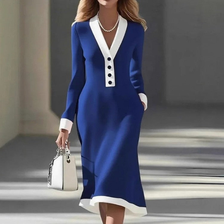 Contrast Trim Button Midi Dress