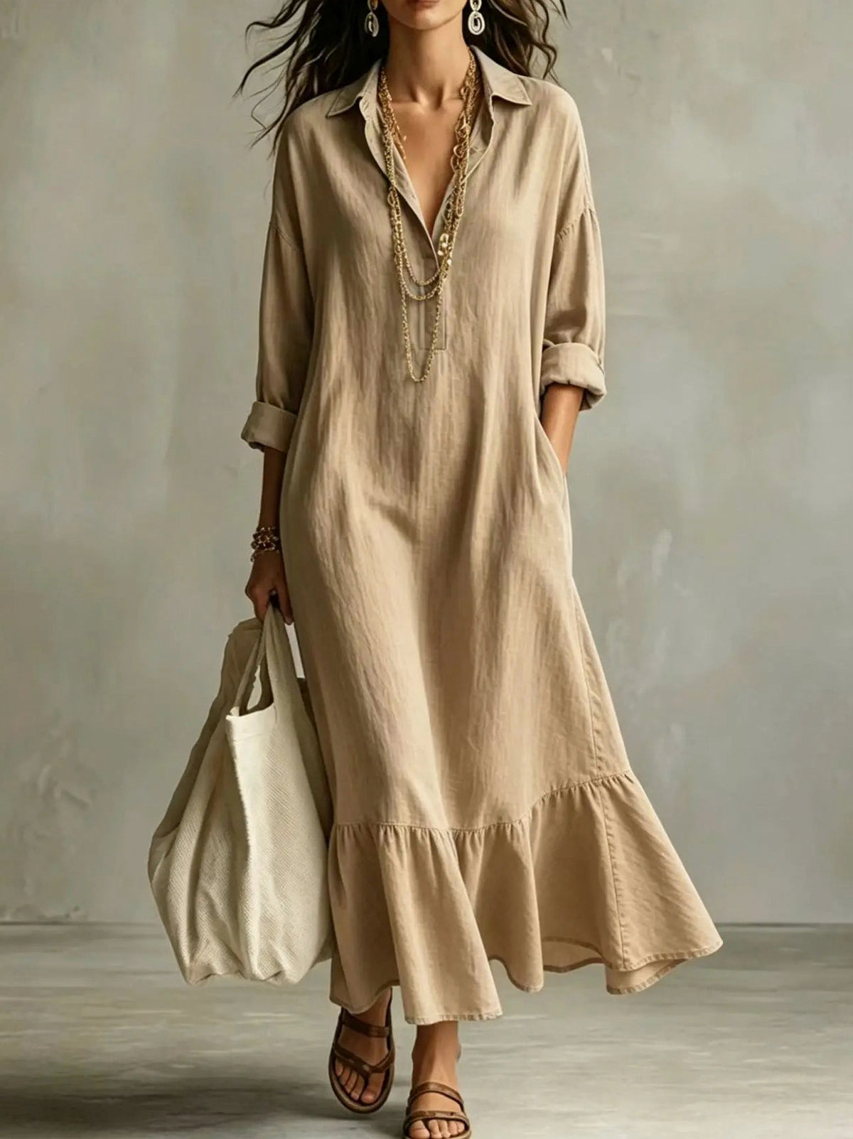 long sleeve Tiered Maxi Shirt Dress