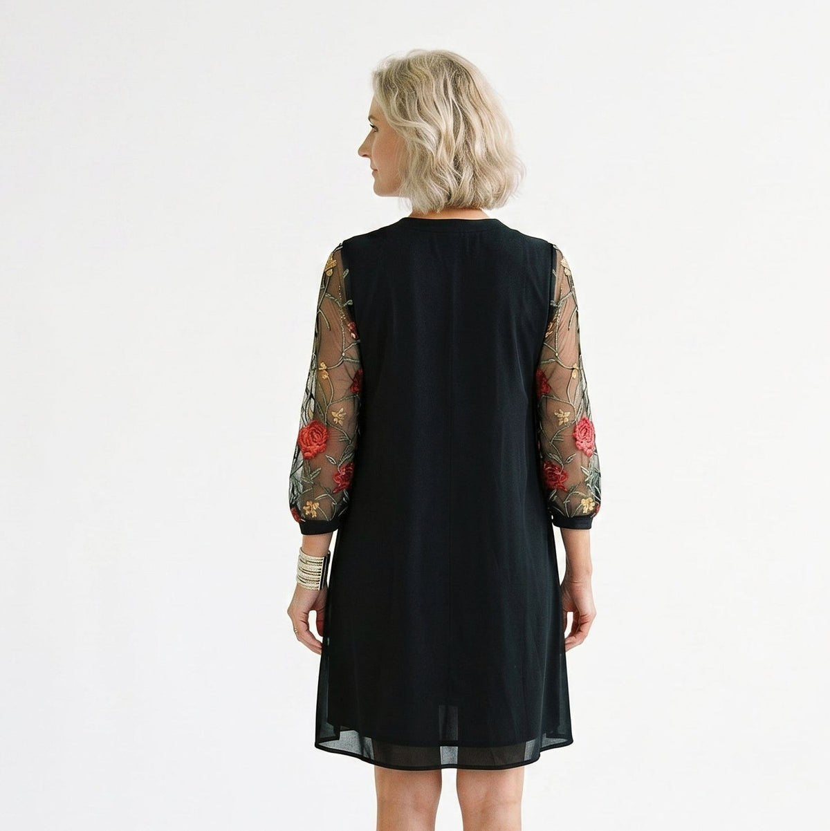 Embroidered 3/4 Sleeve Pleated Mini Dress