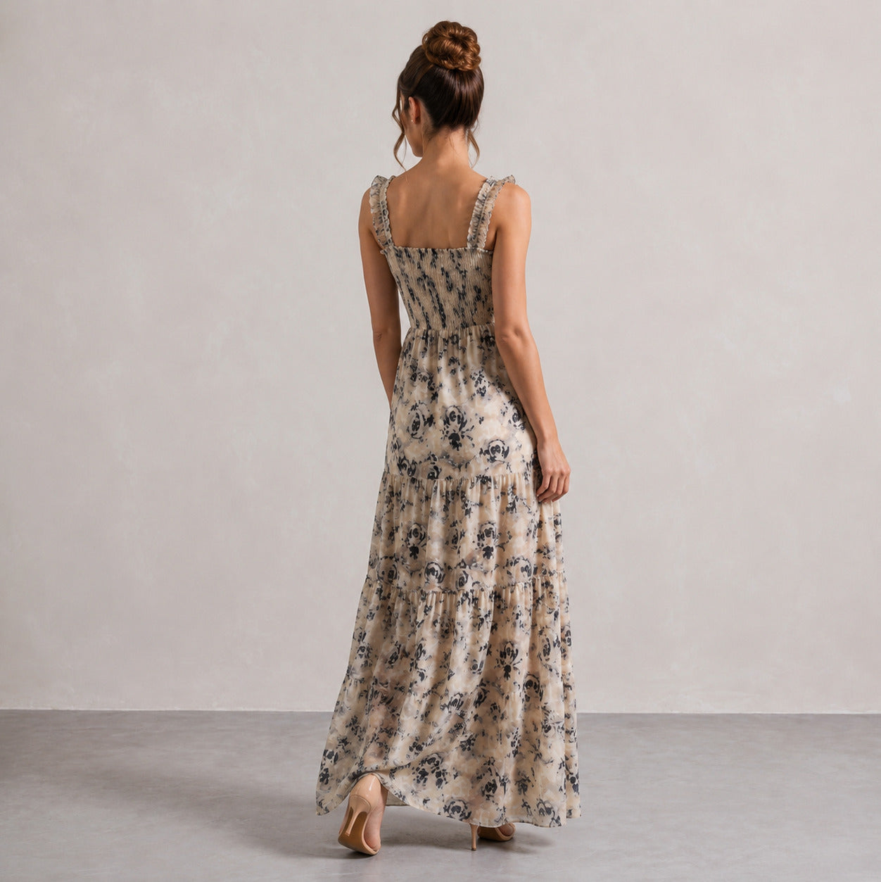 Rose Print Smocked Tiered Maxi Dress