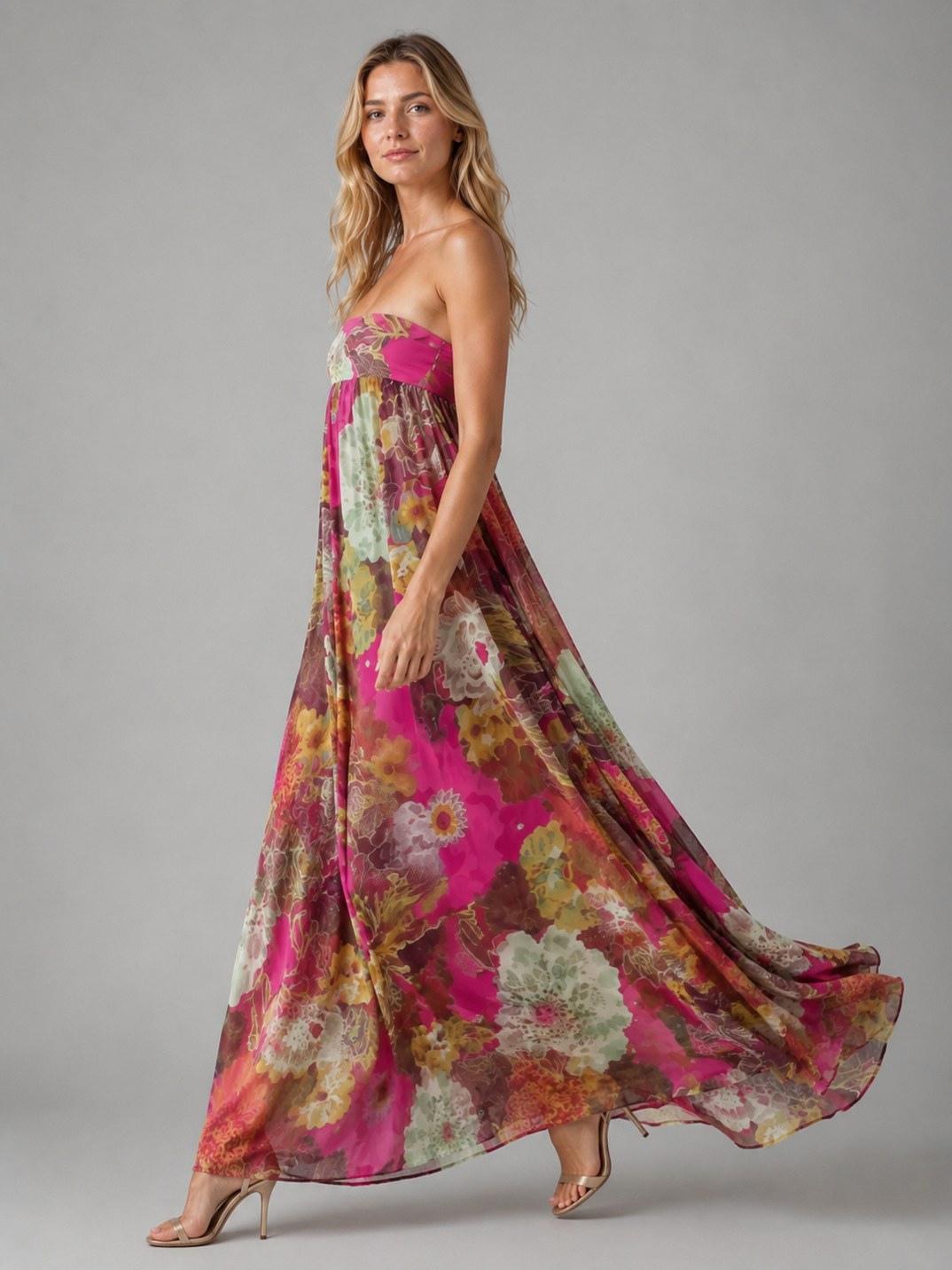 Floral Strapless Chiffon Maxi Dress