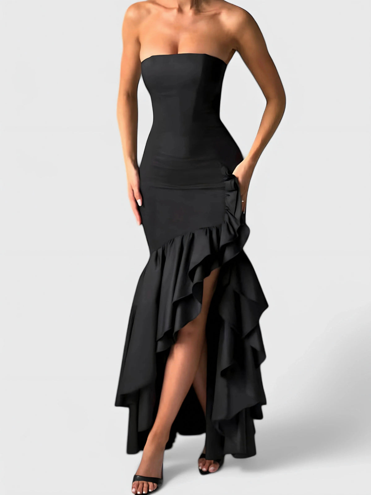 Strapless Ruffle High Low Maxi Dress
