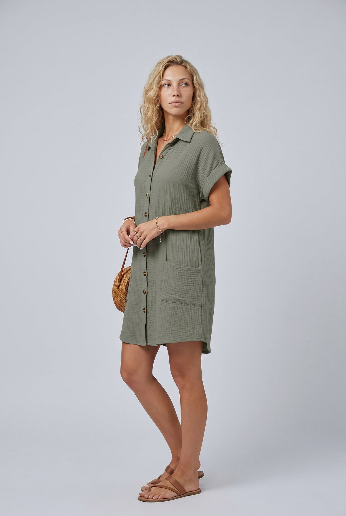 Gauze Button Front Shirt Dress