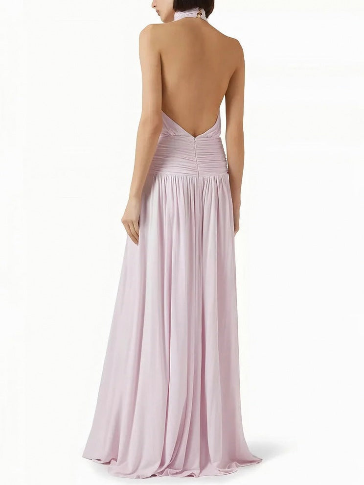 Halter Ruched Backless Maxi Dress