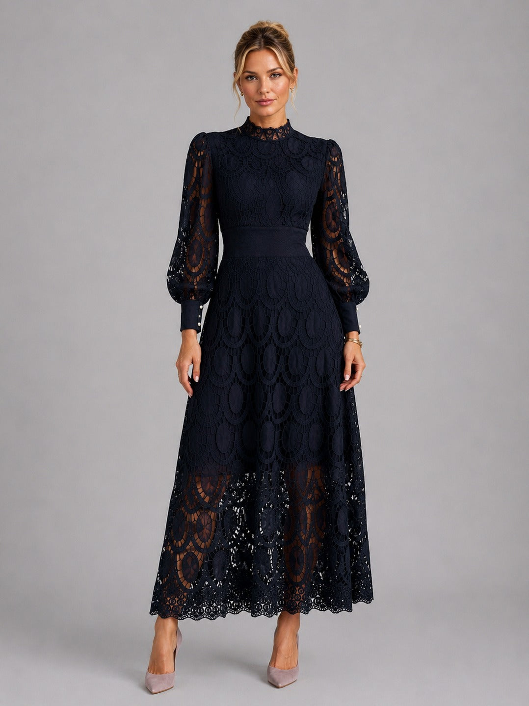High Neck Lace Midi Dress