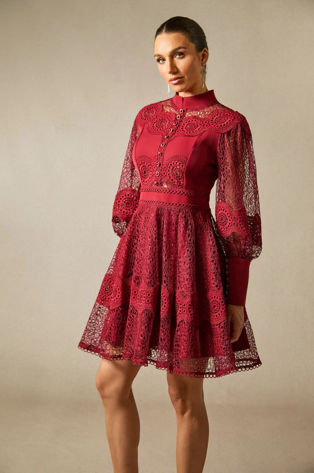Lace High Neck Long Sleeve Mini Dress