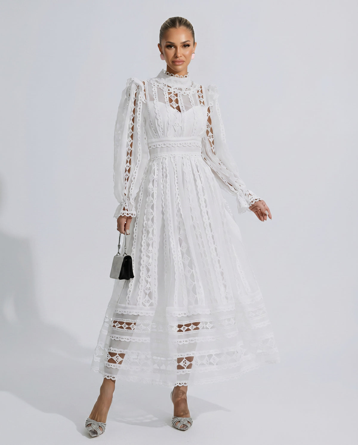 Lace Mock Neck Pleated Midi Dress