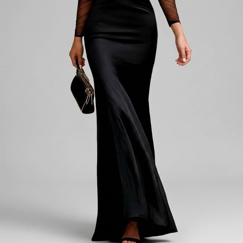 Satin Long Sleeve Cold Shoulder Mesh Sleeve Maxi Dress