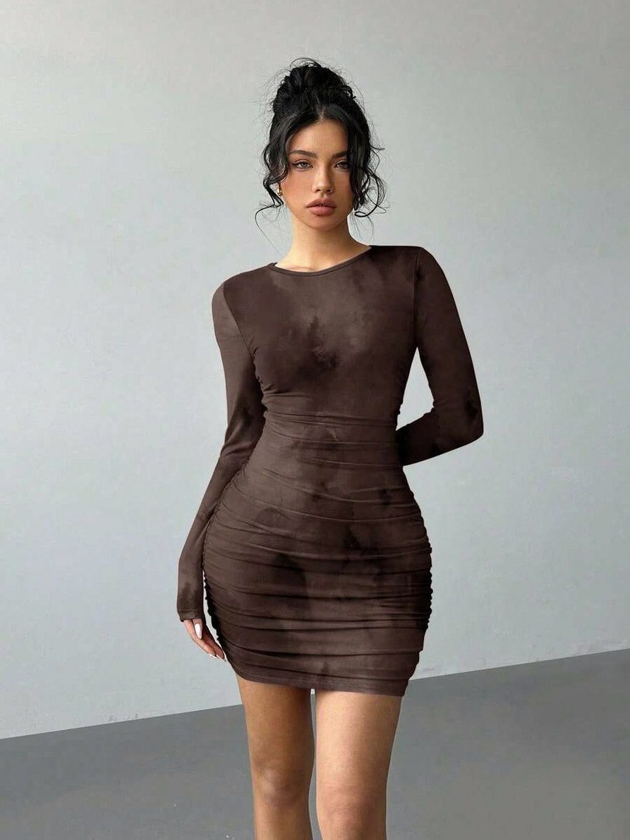 Mesh Ruched Long Sleeve Mini Dress
