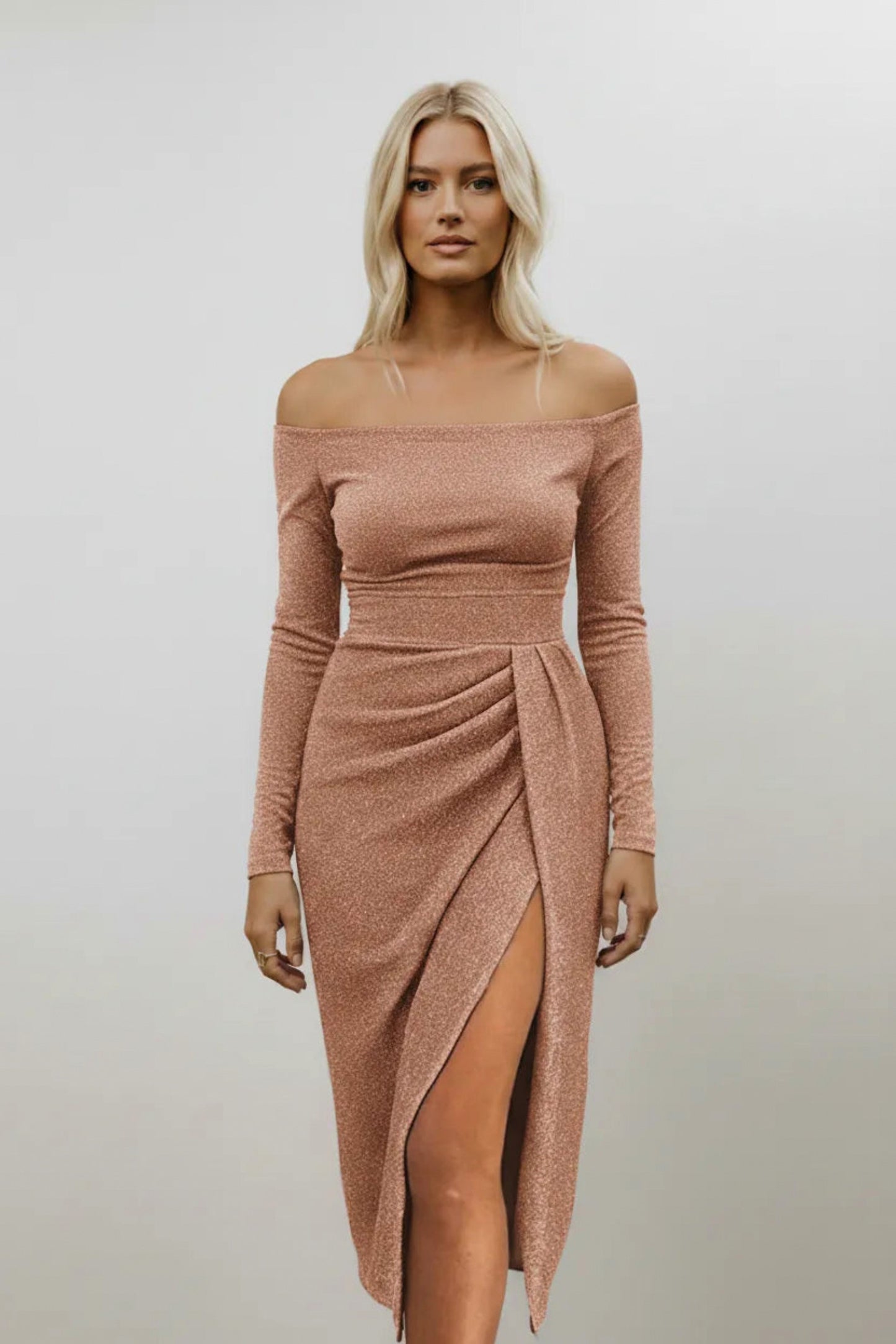 Sparkle Off Shoulder Long Sleeve Midi Dress