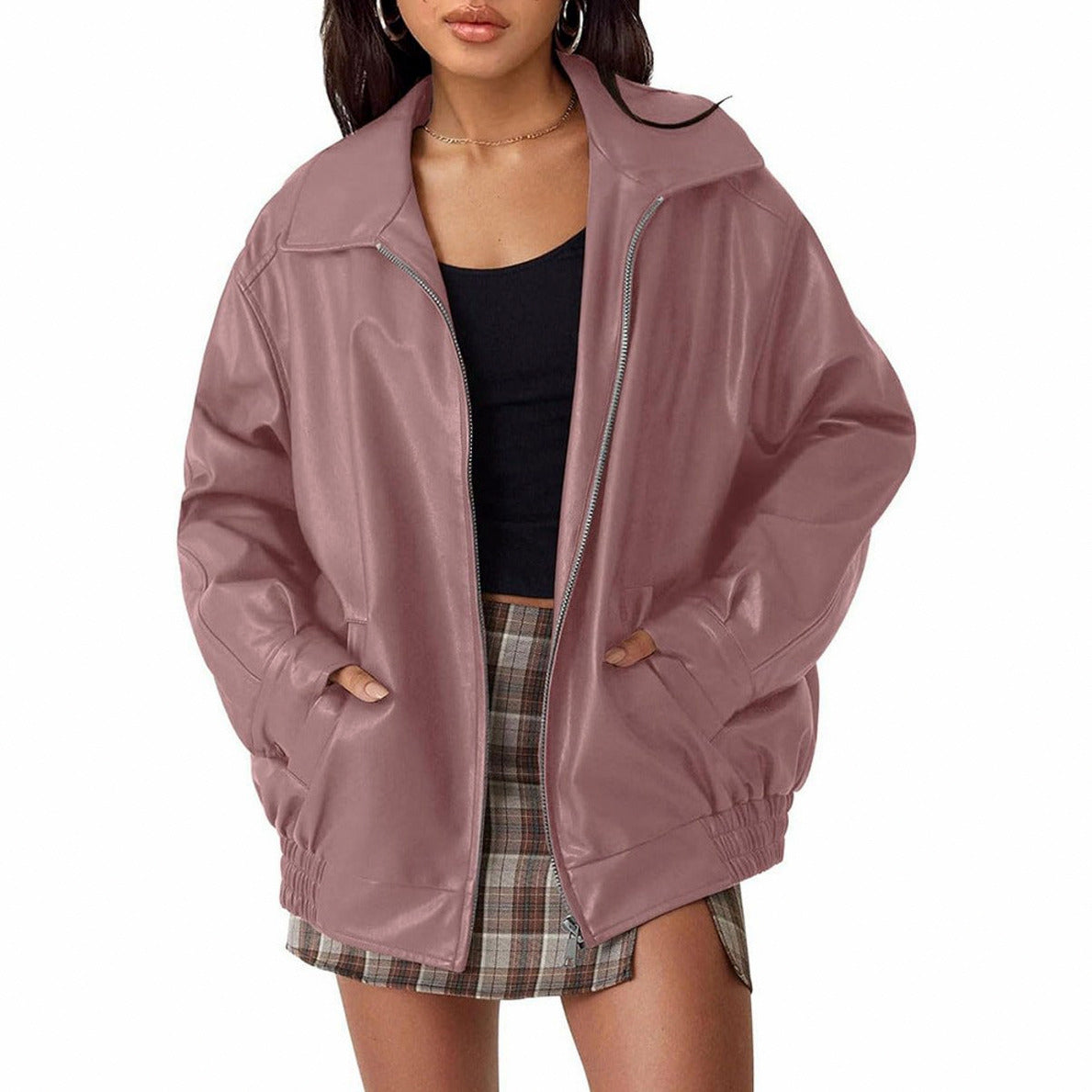 Oversized Faux Leather Bomber Jacket