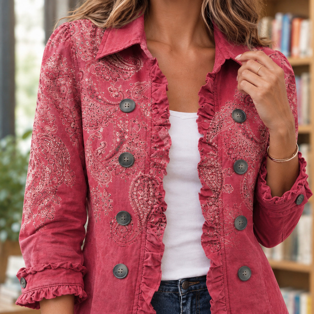 Paisley Ruffle Button Front Jacket