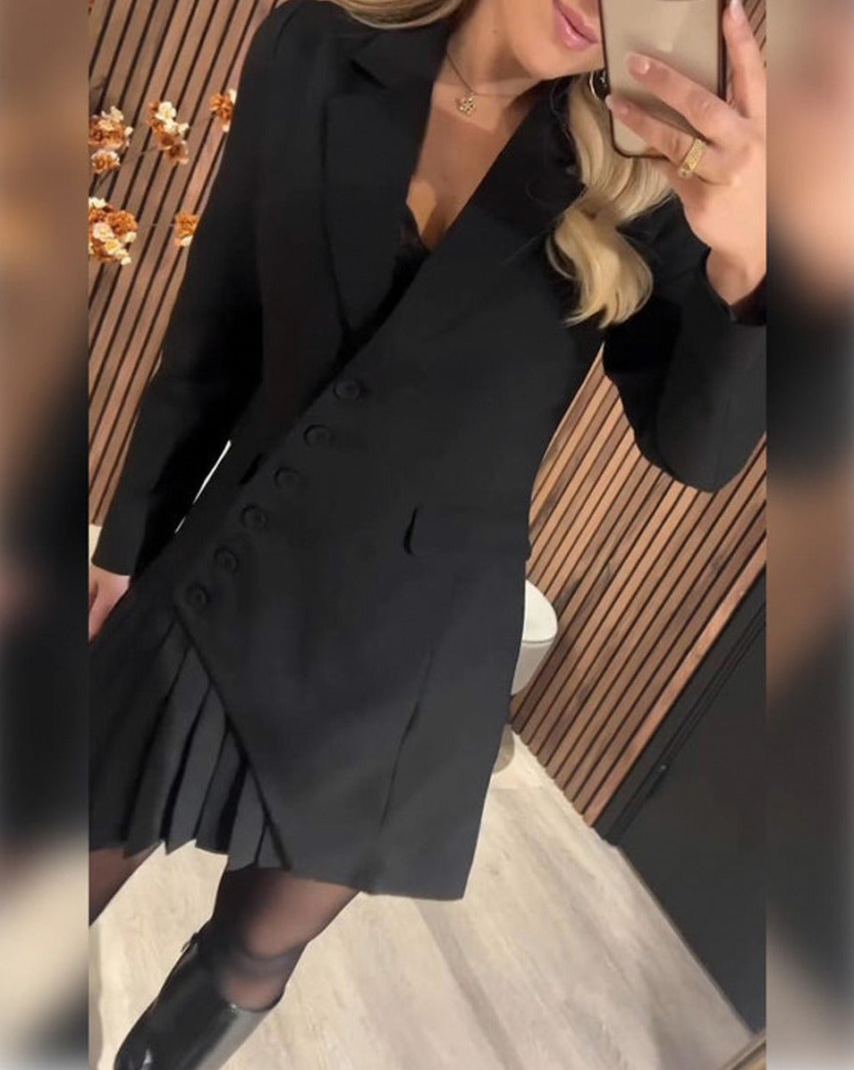Pleated Button Front Blazer Dress