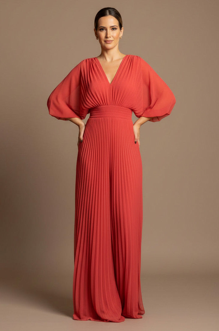 Pleated Cape Sleeve Maxi Dress