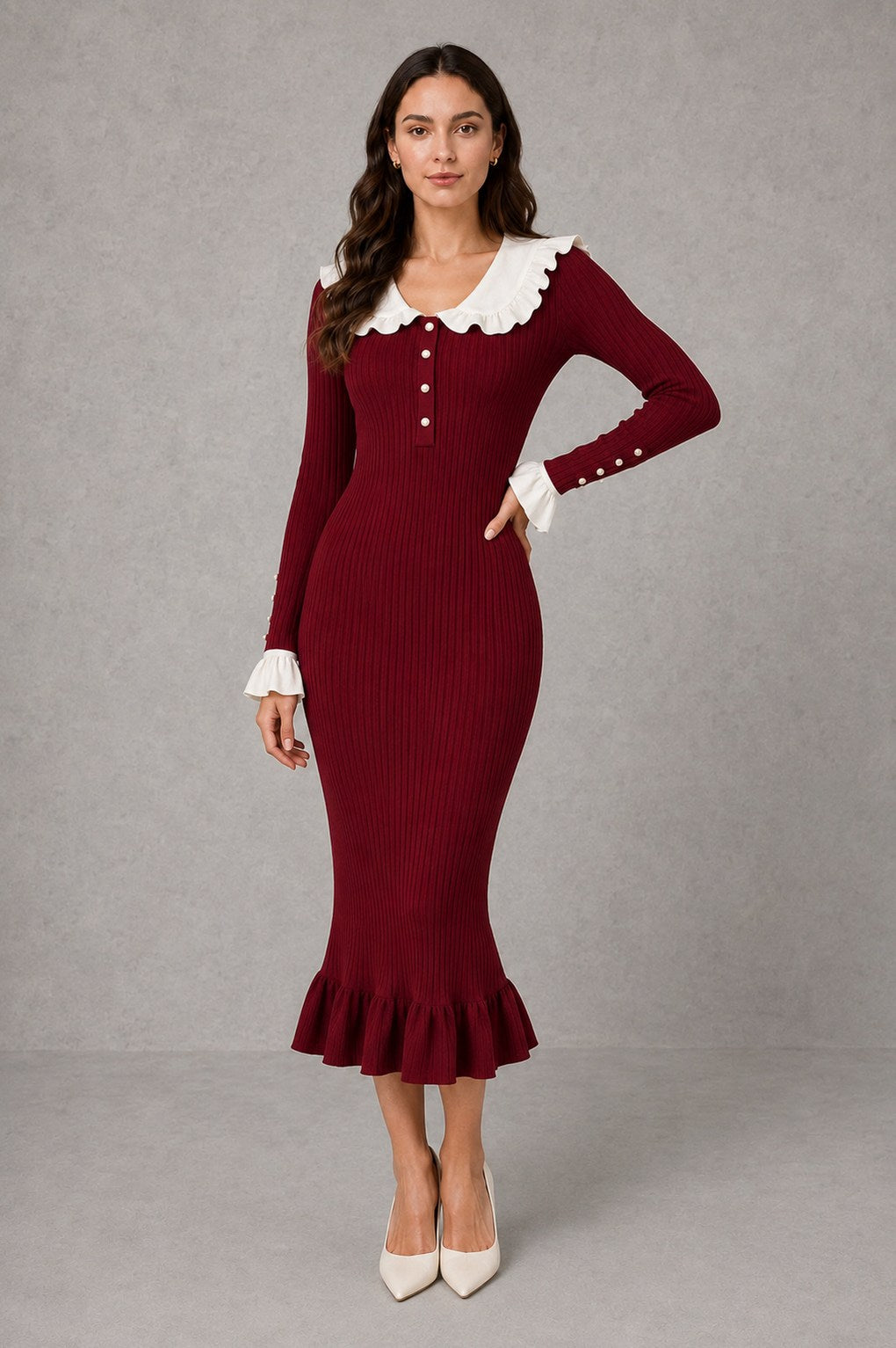 Ribbed Knit Collared Midi Dress