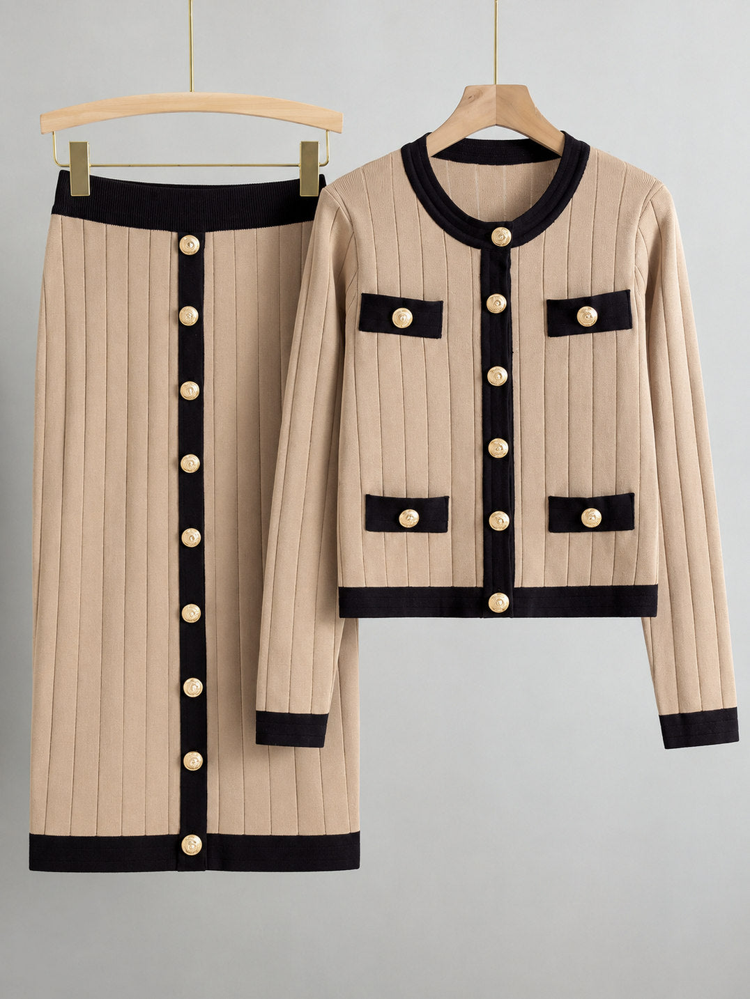 Ribbed Knit Long Sleeve Cardigan and Midi Skirt Set