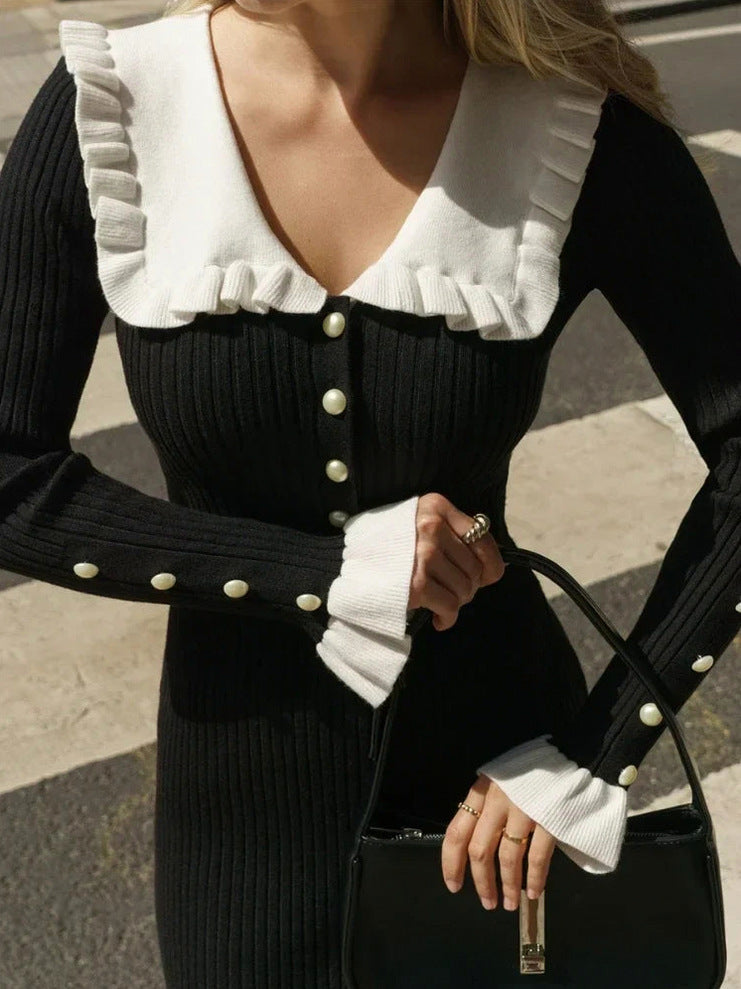 Ribbed Knit Long Sleeve Ruffle Midi Dress