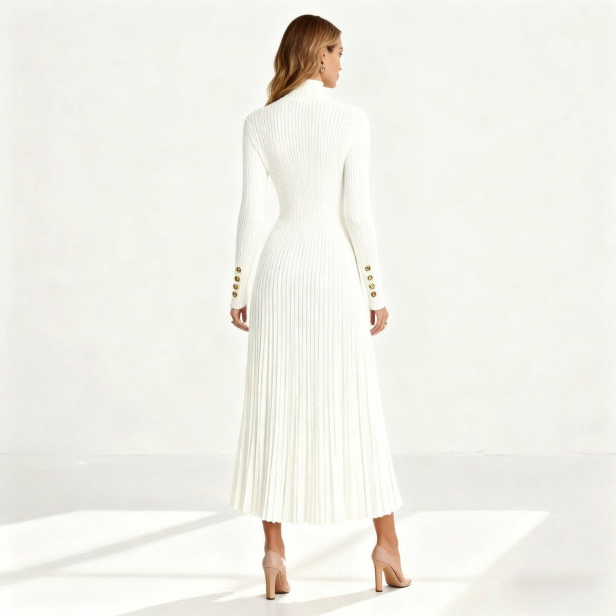 Ribbed Mock Neck Pleated Midi Dress