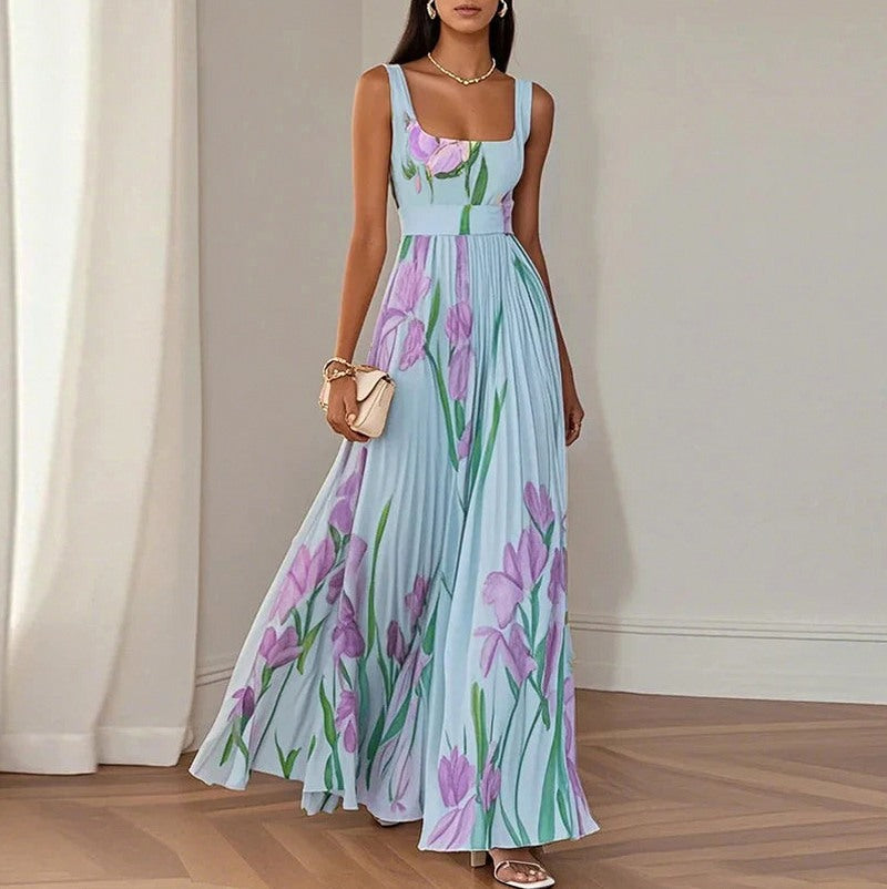 Floral Square Neck Pleated Maxi Dress