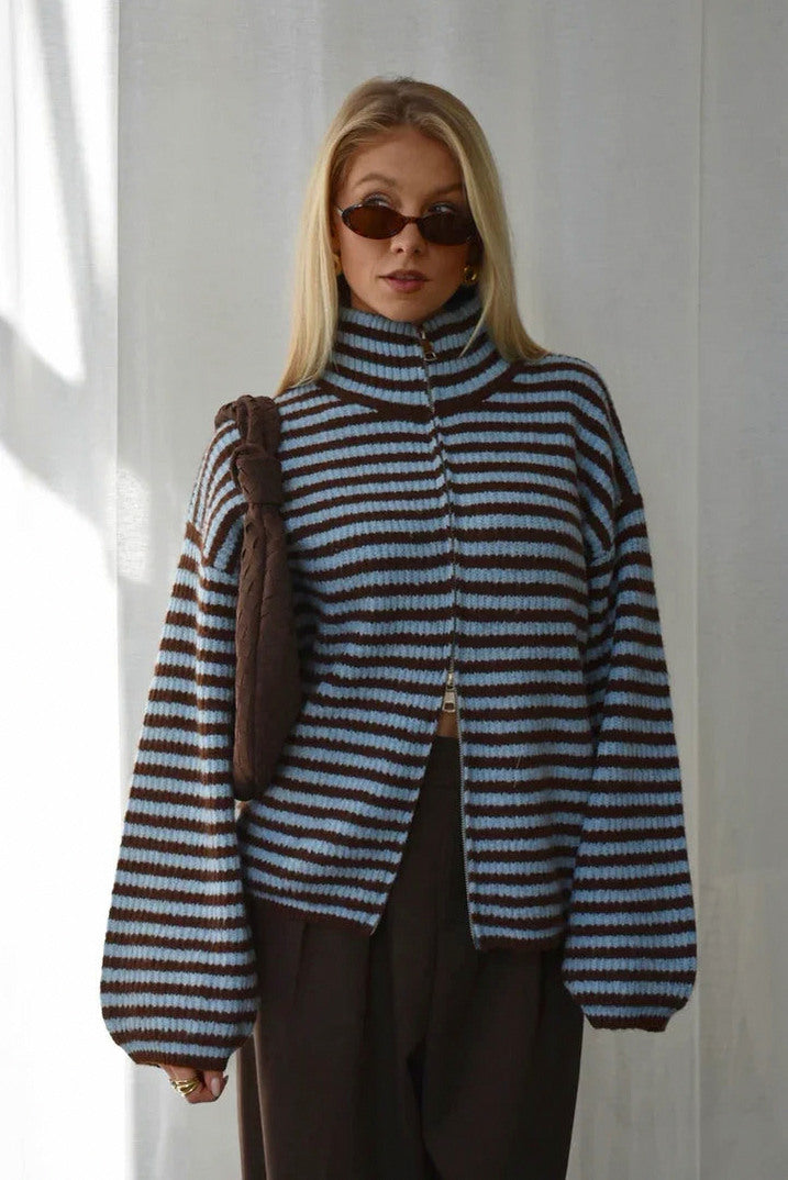 Striped Zip Front Knit Sweater