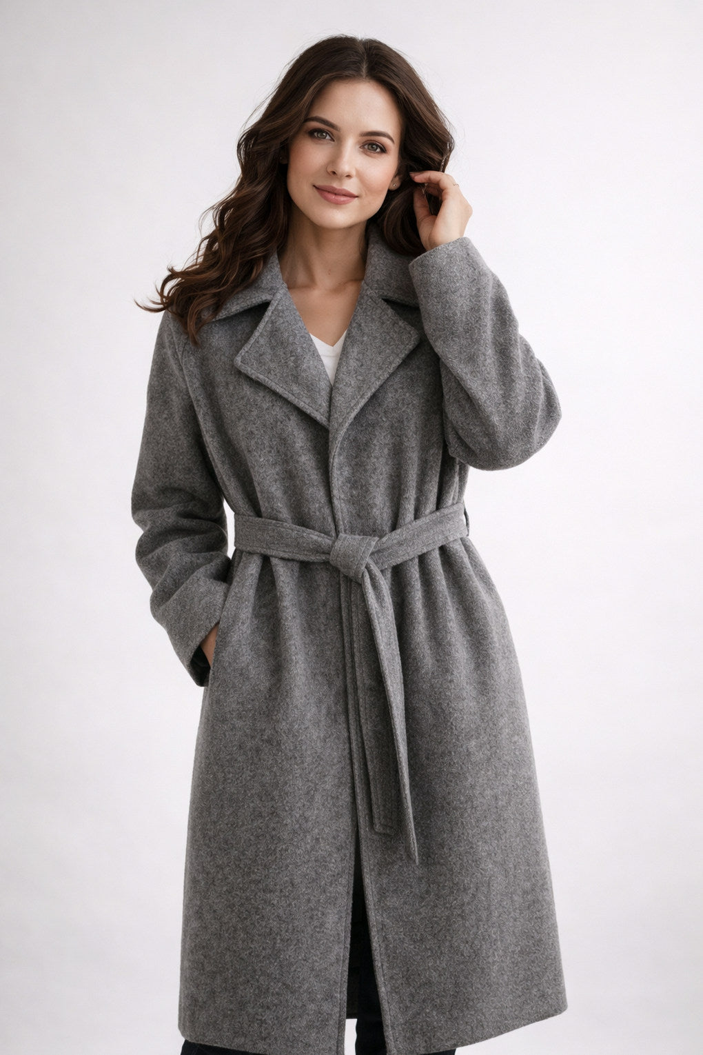 Belted Lapel Long Sleeve Wrap Coat