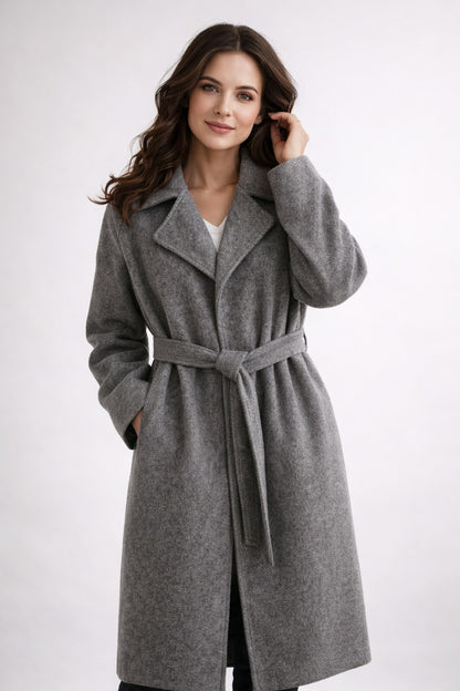Belted Lapel Long Sleeve Wrap Coat