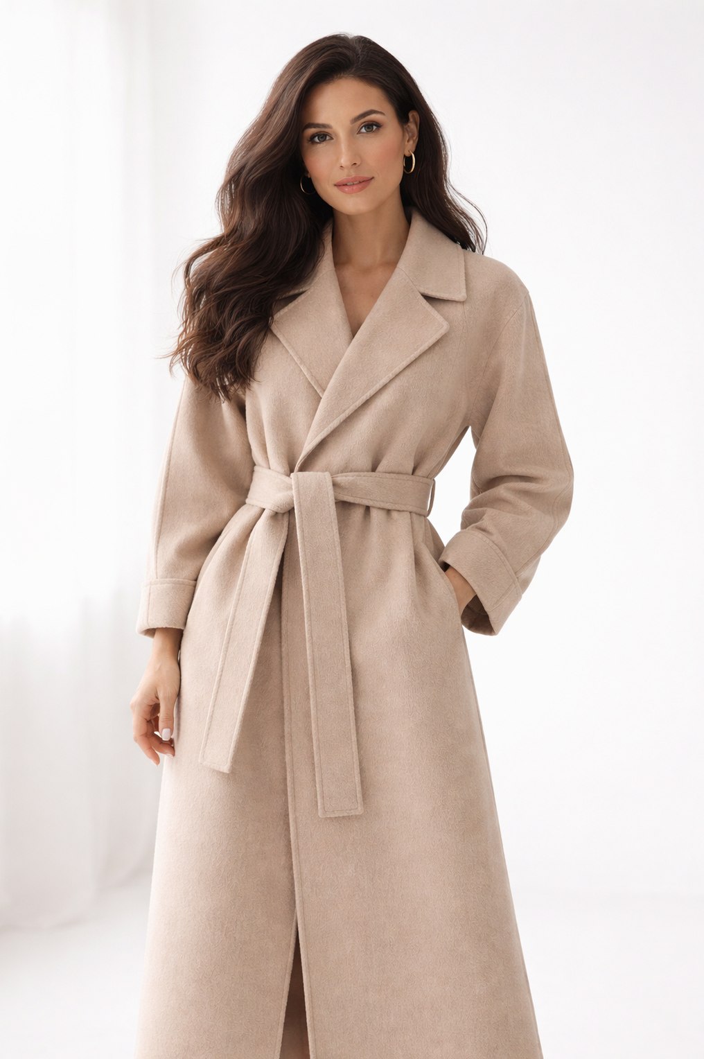 Belted Lapel Long Sleeve Wrap Coat