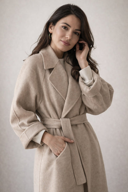 Belted Lapel Long Sleeve Wrap Coat