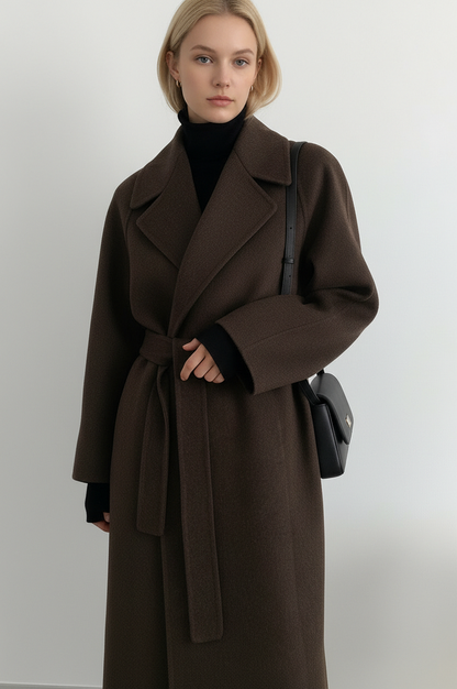 Belted Lapel Long Sleeve Wrap Coat