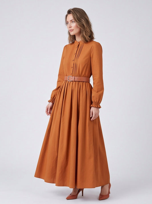 Belted Pleated Long Sleeve Maxi Dress