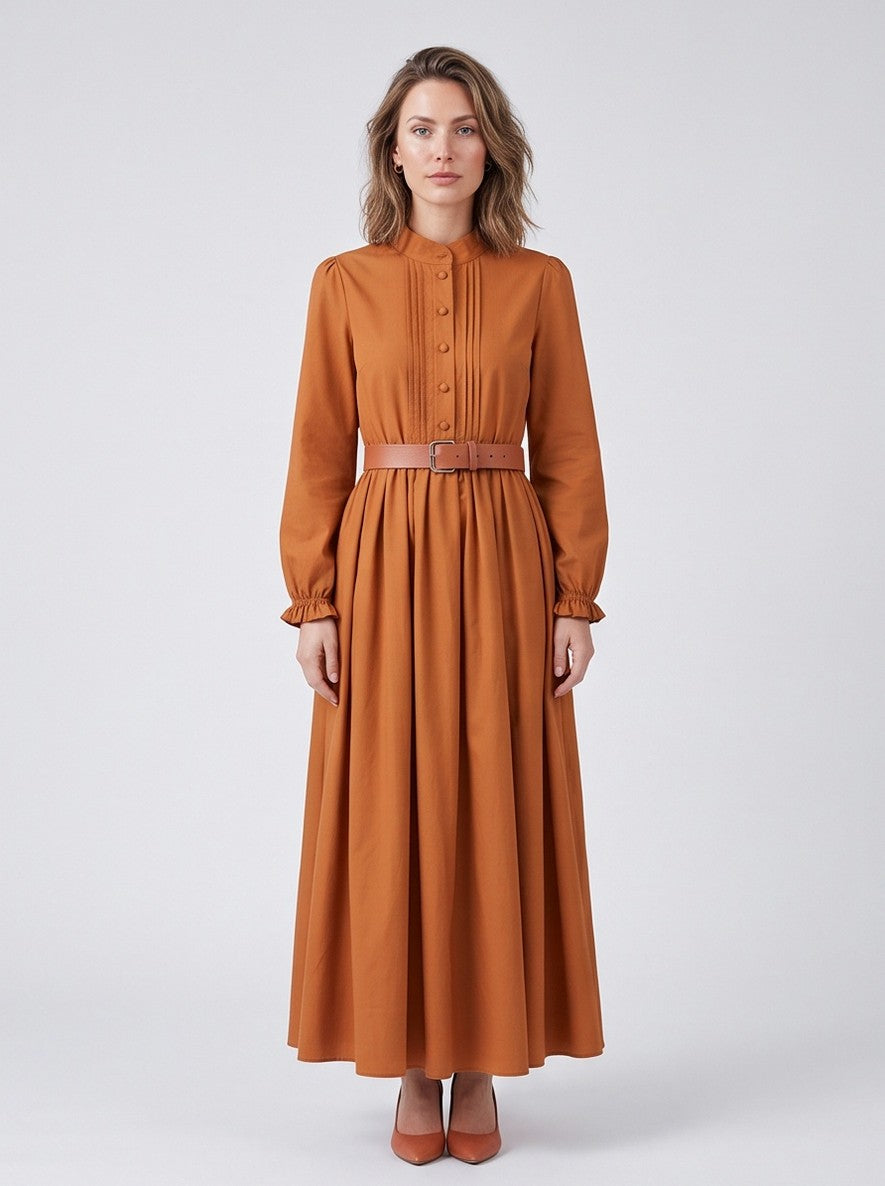 Belted Pleated Long Sleeve Maxi Dress