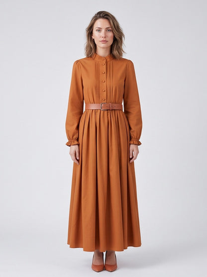 Belted Pleated Long Sleeve Maxi Dress