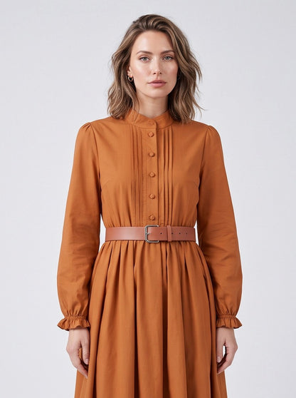 Belted Pleated Long Sleeve Maxi Dress