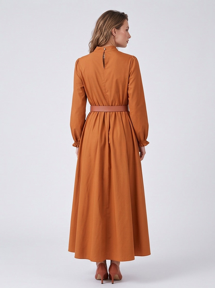 Belted Pleated Long Sleeve Maxi Dress