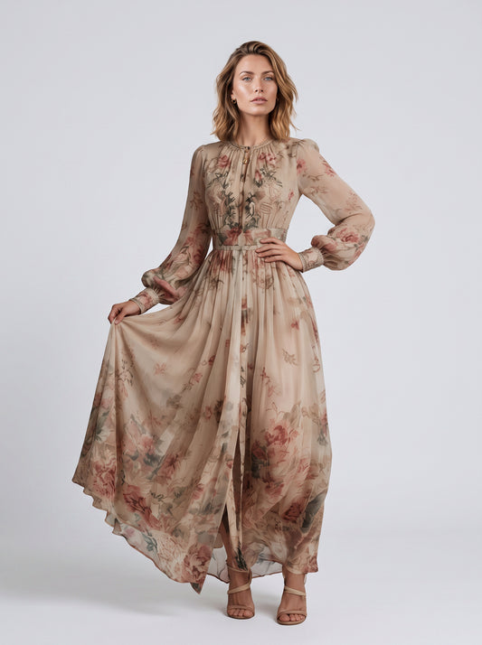 Bishop Sleeve Pleated Maxi Dress