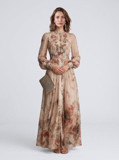 Bishop Sleeve Pleated Maxi Dress