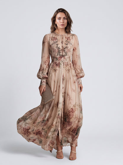 Bishop Sleeve Pleated Maxi Dress