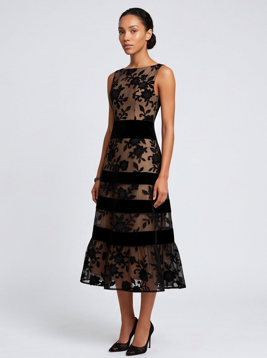 Boat Neck Flounce Hem Midi Dress