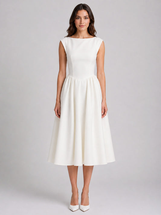 Boat Neck Pleated Midi Dress