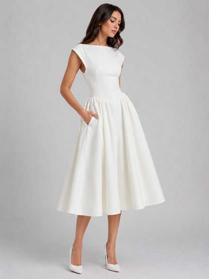 Boat Neck Pleated Midi Dress