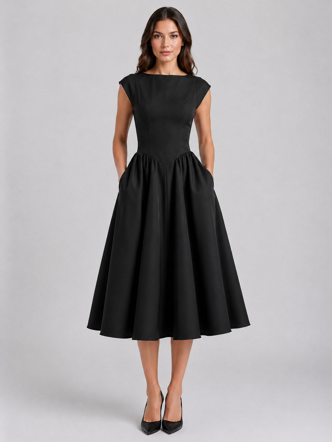 Boat Neck Pleated Midi Dress