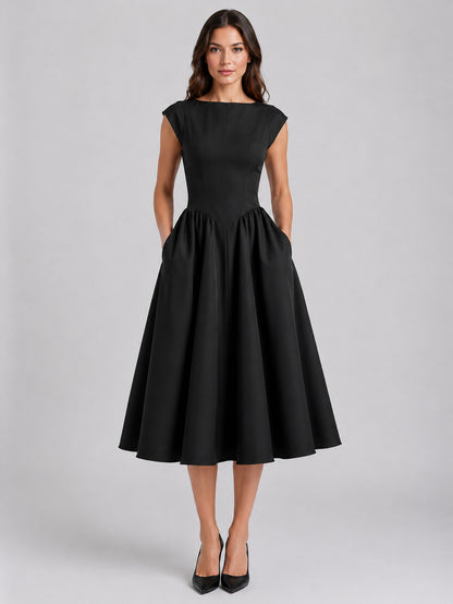 Boat Neck Pleated Midi Dress