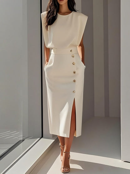 Button Front Padded Shoulder Midi Dress