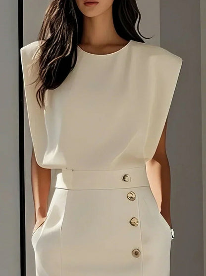 Button Front Padded Shoulder Midi Dress